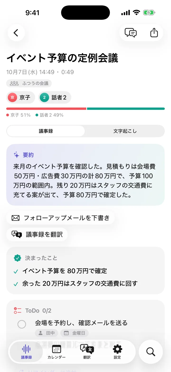 議事録の画面。会議の要約の下に「決まったこと」と ToDo が並び、話者ごとの発言の割合も表示されている